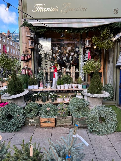 A charming floral shop storefront named Titania's Garden showcases a wide array of potted plants and decorative flowers arranged on wooden shelves and in large stone planters, positioned on a sidewalk